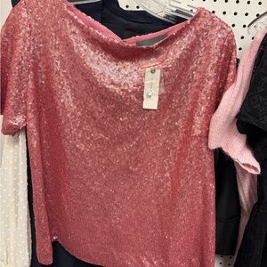 Anthropologie Pink Sequin Short Sleeve Top